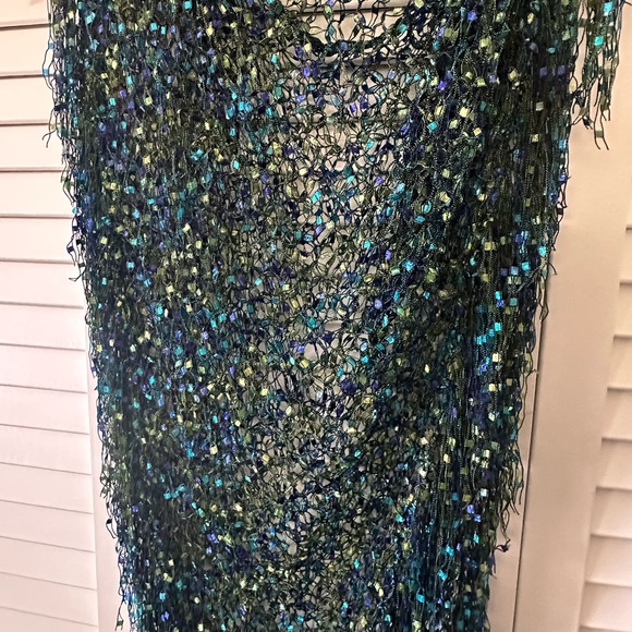 Intricately woven hand made cover up/scarf in cool colors - greens blues purples - Picture 5 of 7